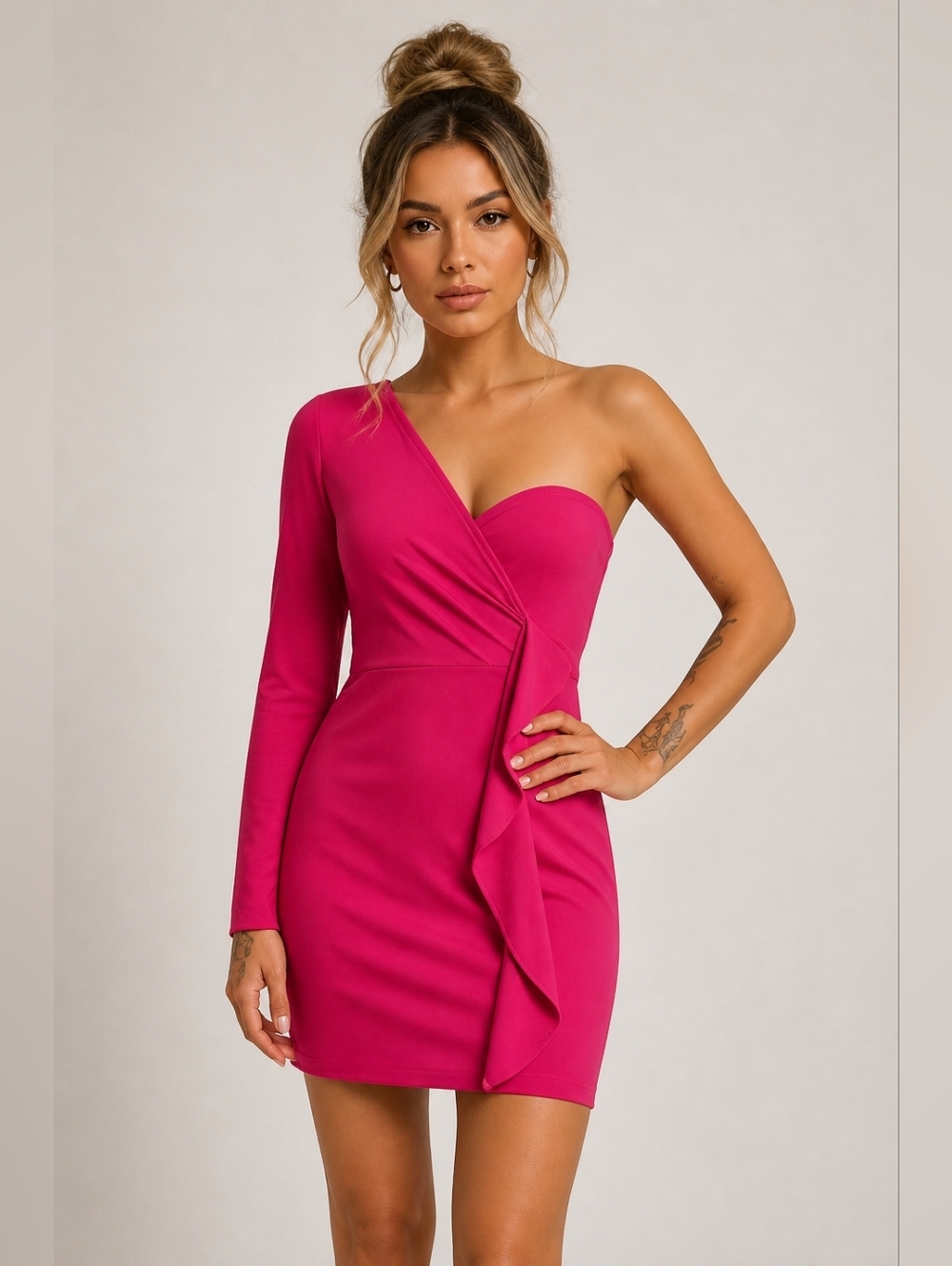 PrettyLittleThing Hot Pink One Shoulder Asymmetrical Mini Dress 10 MISSING BELT